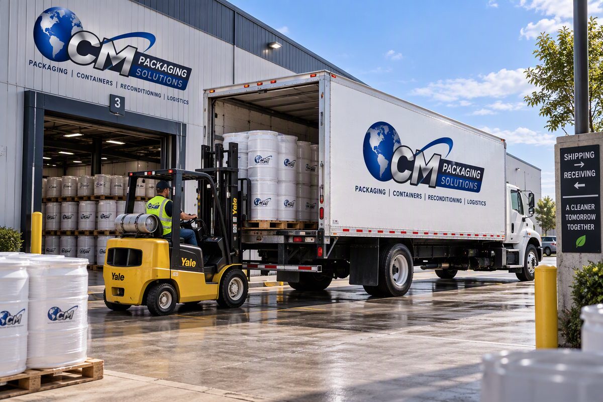 CM Packaging Solutions truck being loaded with drums by forklift