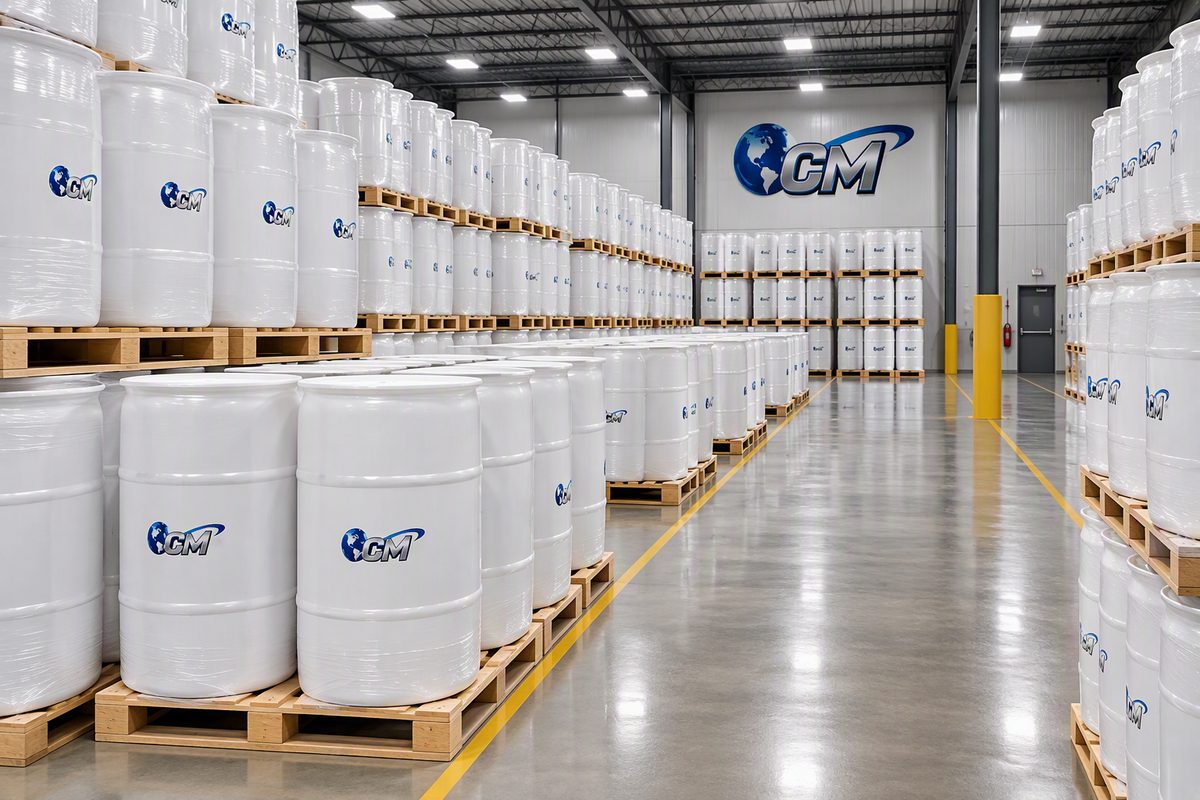 CM Packaging Solutions warehouse with wrapped plastic drums on pallets