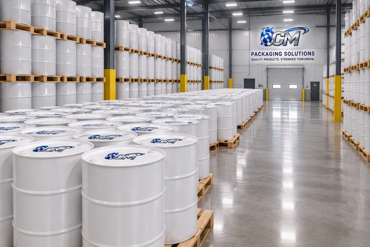 CM Packaging Solutions warehouse with stacked pallets of drums